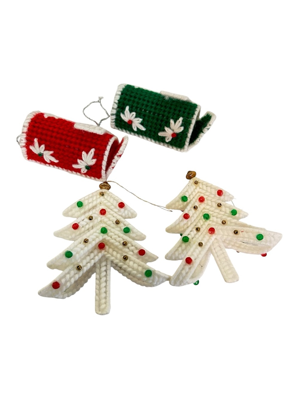 VTG Handmade Plastic Canvas Christmas Ornaments Tree Mailbox Lot of 4